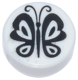 Tile, Round 1 x 1 with Black Butterfly Pattern: {бял}