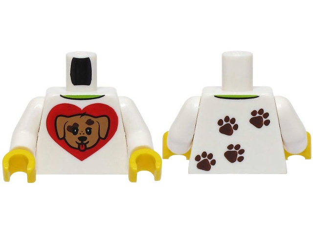 Torso Shirt with Lime Collar, Medium Nougat Dog Head on Red Heart, Dark Brown Paw Prints on Back Pattern (BAM) / White Arms / Yellow Hands: {бял}