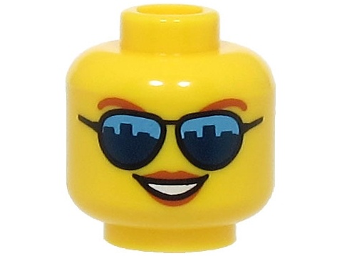 Minifigure, Head Female Dark Orange Eyebrows and Lips, Sunglasses with Dark Blue Skyline Reflections, Open Mouth Smile with Teeth Pattern (BAM): {ярко жълт}