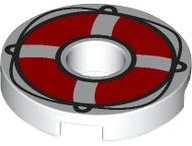 Tile, Round 2 x 2 with Hole with Red Life Preserver with Black Loops and String Pattern: {бял}