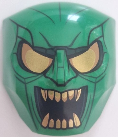 Large Figure Face with Brow and Nose Detail, 2 x 2 Round Brick Attachment with Gold Eyes, Open Mouth with Teeth, and Lines Pattern (Green Goblin): {тъмно зелен}