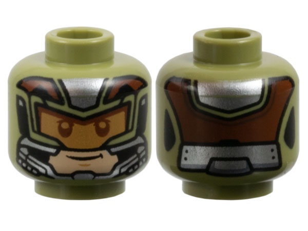 Minifigure, Head Armor, Medium Nougat Visor, Light Nougat Face with Grin, Silver and Reddish Brown Trim Pattern: {маслинено зелен}
