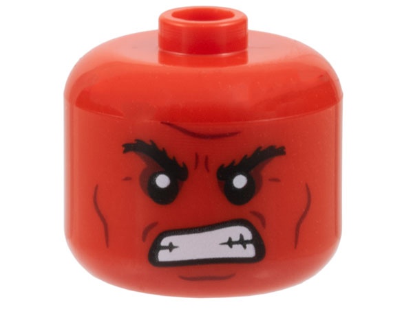 Minifigure, Head, Modified Giant Black Bushy Eyebrows, Dark Red Cheek Lines, Chin Dimple, and Furrowed Brow, Open Mouth Gritted Teeth Pattern - Vented Stud: {ярко червен}