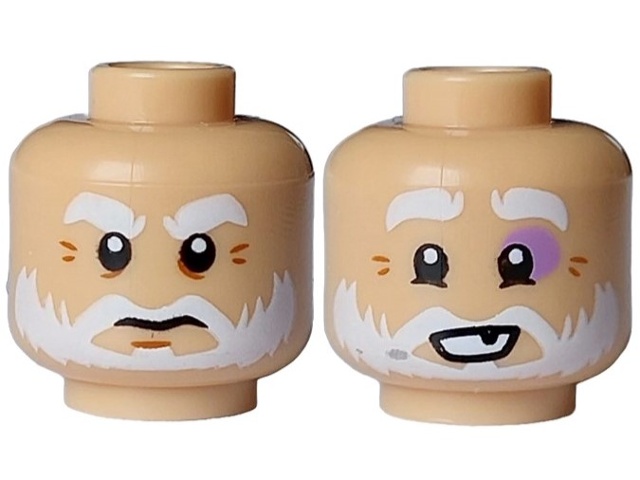 Minifigure, Head Dual Sided White Thick Eyebrows, Moustache and Beard, Dark Orange Wrinkles, Black Eyes and Mouth Closed Angry / Open Black Tooth, Medium Lavender Left Eye Contour Pattern: {умерен тан}