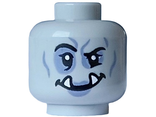 Minifigure, Head Alien Orc Female Black Eyebrows, Eyes and Mouth, White Sharp Teeth and Sand Blue Eye Shadow, Wrinkles and Lips Pattern - Vented Stud: {умерено каменно сив}