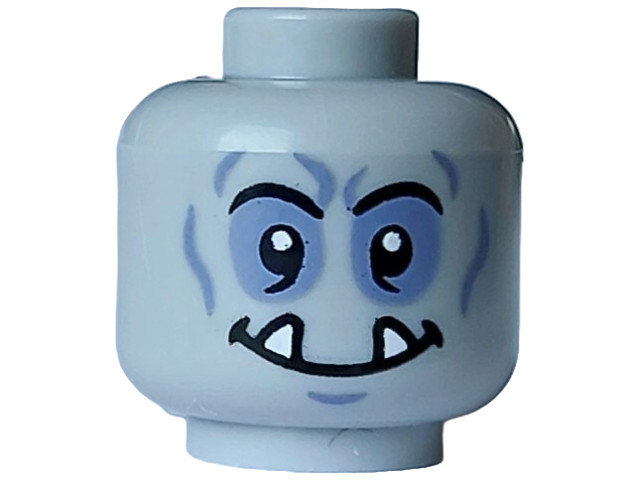 Minifigure, Head Alien Orc Black Eyebrows, Eyes and Mouth, White Sharp Teeth and Sand Blue Eye Shadow and Lips Pattern - Vented Stud: {умерено каменно сив}