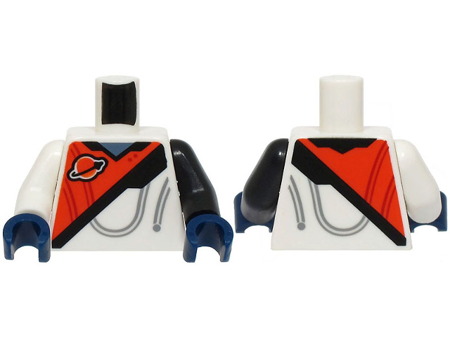 Torso Spacesuit with Reddish Orange Panel, Classic Space Logo, Black Stripe, and Sand Blue Collar Pattern (BAM) / Black Arm Left / White Arm Right / Dark Blue Hands: {бял}