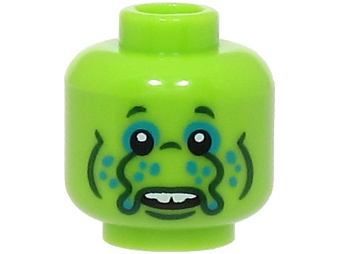 Minifigure, Head Alien Black Eyes, Dark Turquoise Eye Shadow and Dots, Nose with Tentacles, Dark Green Wrinkles, White Teeth Pattern (BAM): {ярко жълто-зелен}