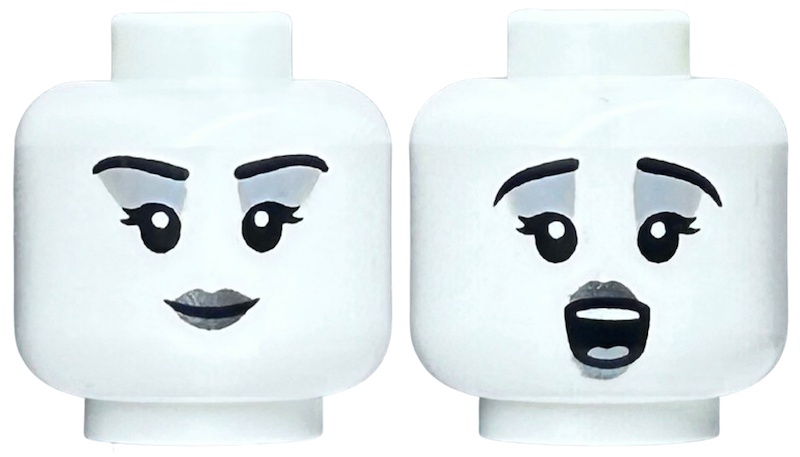 Minifigure, Head Dual Sided Female Black Eyebrows, Eyelashes, Light Bluish Gray Eye Shadow, Dark Silver Lips, Open Mouth Singing / Closed Mouth Smile Pattern: {бял}