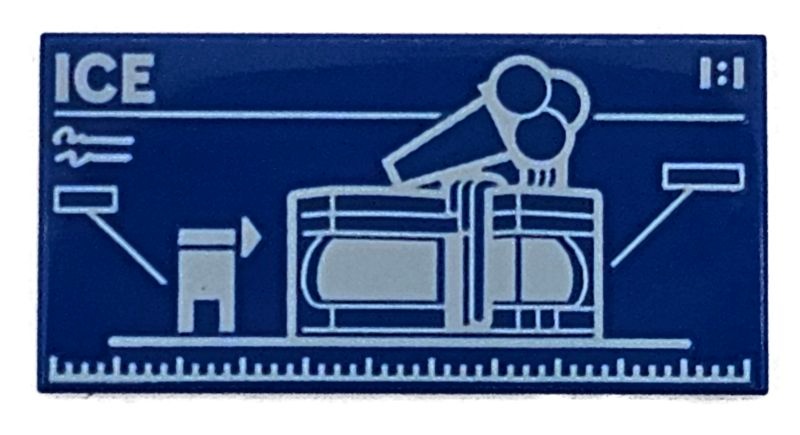 Tile 2 x 4 with White '1:1', 'ICE', Ruler, and Set 60363 Ice-Cream Shop Blueprint Pattern: {ярко син}