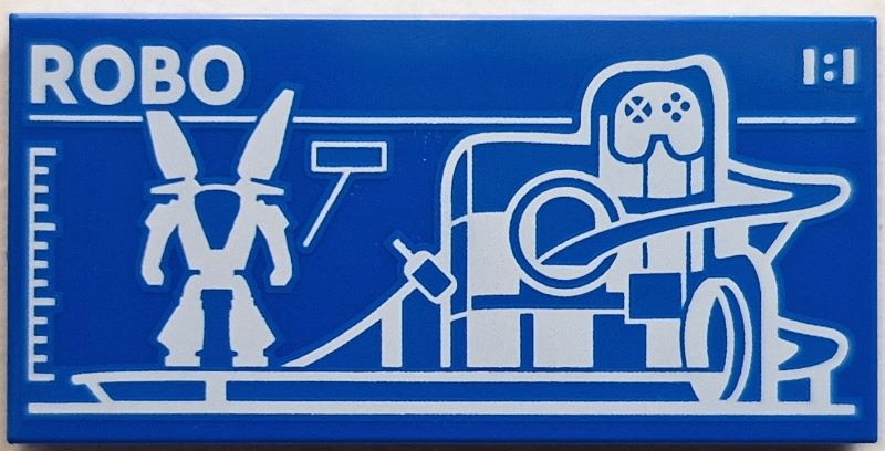 Tile 2 x 4 with Robot World (Set 60421) Blueprint with White 'ROBO' and '1:1' Pattern: {ярко син}
