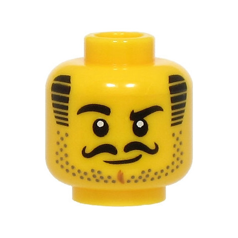 Minifigure, Head Black Eyebrows, Curly Moustache, and Striped Sideburns, Dark Tan Stubble, Medium Nougat Chin Dimple, Grin Pattern - Vented Stud: {ярко жълт}