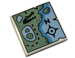 Tile 2 x 2 with Map of Coastline with Sand Green Land, Black Alligator / Crocodile Head, Dark Red Dotted Line and Compass Rose with Letter N Pattern: {бял}