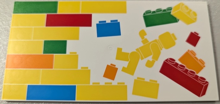 Tile 8 x 16 with Bottom Tubes, Textured Surface with Yellow, Orange, Dark Azure, Red and Bright Green Bricks, Brick Wall and Minifigure Pattern Model Left Side: {бял}