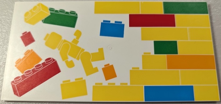 Tile 8 x 16 with Bottom Tubes, Textured Surface with Yellow, Orange, Dark Azure, Red and Bright Green Bricks, Brick Wall and Minifigure Pattern Model Right Side: {бял}