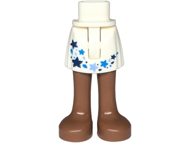 Mini Doll Hips and Skirt with Molded Medium Brown Legs and Printed Dark Blue, Dark Azure and Bright Light Blue Stars and Dots Pattern - Thin Hinge: {бял}