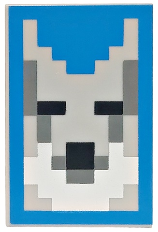 Tile 2 x 3 with Pixelated Wolf Head with Black Eyes and Nose, Dark Bluish Gray and White Fur on Blue Background Pattern (Minecraft Wolf Tamer Shield): {умерено каменно сив}