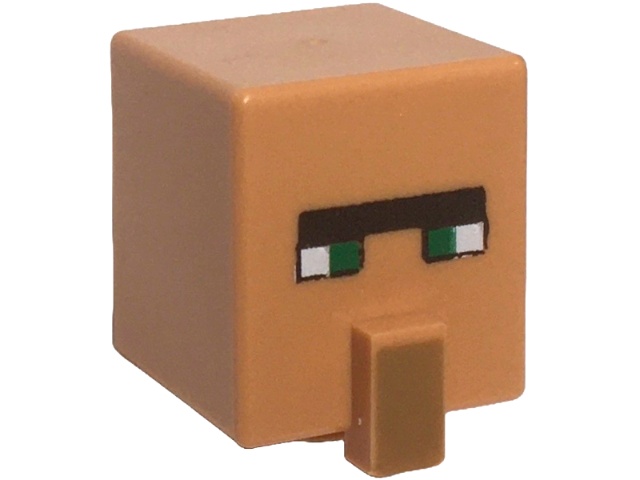 Minifigure, Head, Modified Cube Tall with Raised Rectangle with Pixelated Dark Brown Narrow Unibrow, Green Eyes, and Medium Nougat Nose Pattern (Minecraft Shepherd Villager): {нуга}