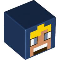 Minifigure, Head, Modified Cube with Pixelated Nougat Face, Sand Blue Eyes, Yellow Hair, Dark Brown Mouth with White Teeth Pattern (Minecraft Miller): {земно син}