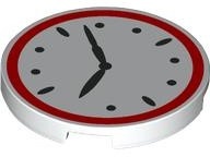 Tile, Round 3 x 3 with Clock Face with Red Border and Black Hands Pattern: {бял}