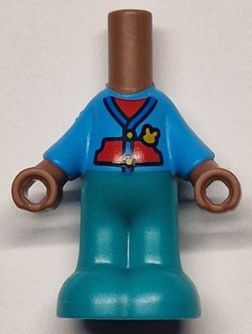 Micro Doll, Body with Molded Dark Azure Top and Dark Turquoise Pants and Printed Blue Jacket Hems over Red Top, Pockets and Bright Light Orange Buttons and Rabbit Pattern: {умерено кафяв}