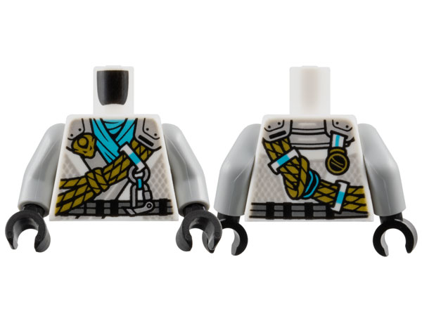 Torso Tunic with Light Bluish Gray Shoulders, Medium Azure Scarf, Gold Dragon Head and Ropes and Silver Carabiner Pattern / Light Bluish Gray Arms / Black Hands: {бял}