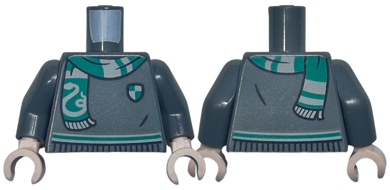 Torso Harry Potter Sweater, Green and Light Bluish Gray Slytherin Stripe, Shield, and Scarf with Snake Pattern / Dark Bluish Gray Arms / Light Nougat Hands: {тъмно каменно сив}