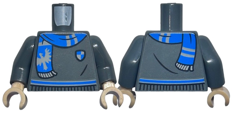 Torso Harry Potter Sweater, Blue and Light Bluish Gray Ravenclaw Stripe, Shield, and Scarf with Raven Pattern / Dark Bluish Gray Arms / Medium Tan Hands: {тъмно каменно сив}