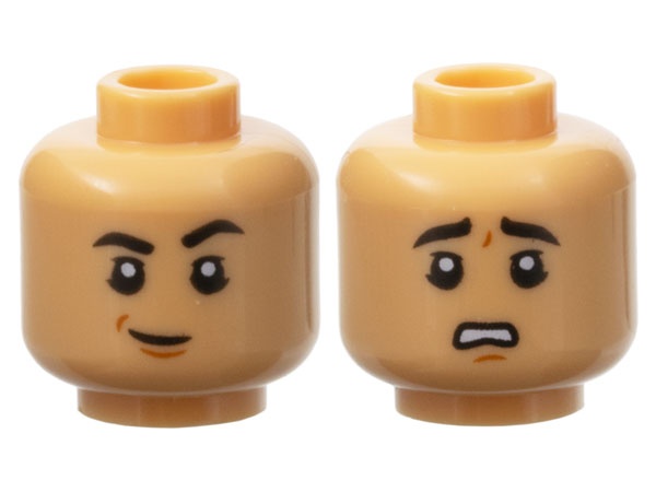 Minifigure, Head Dual Sided Black Eyebrows, Eyelids, Dark Orange Chin Dimple, Smirk / Scared Open Mouth with Teeth Pattern: {умерен тан}