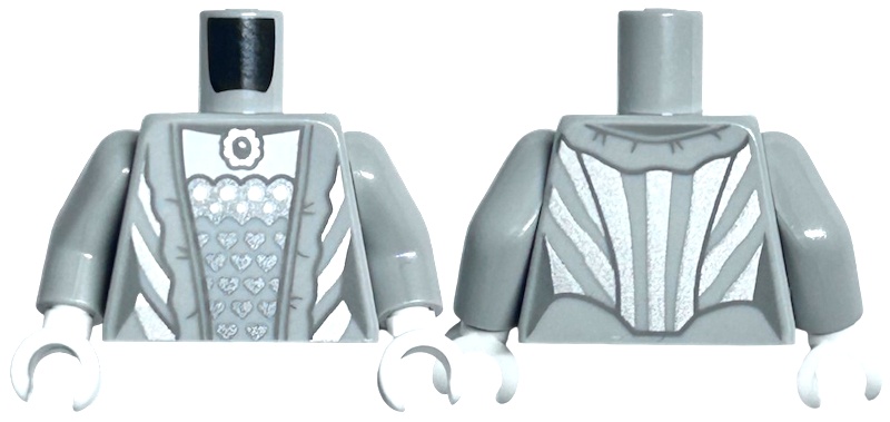 Torso Female Dress with Dark Silver Hearts, Silver Pendant, Dots and Stripes, Dark Bluish Gray Hem Lines and Creases Pattern / Light Bluish Gray Arms / White Hands: {умерено каменно сив}