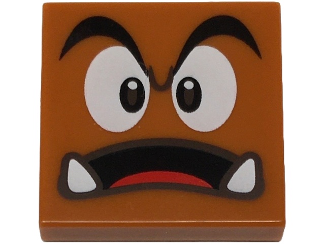 Tile 2 x 2 with Black Eyebrows, Dark Brown and White Eyes Looking Straight, Surprised Open Mouth with Bottom Fangs and Red Tongue Pattern (Super Mario Goomba Face): {тъмно оранжев}