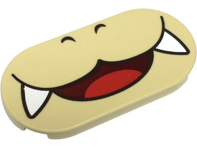 Tile, Round 2 x 4 Oval with Dark Brown Nostrils and Wide Dark Red Open Mouth Smile with Red Tongue and White Fangs Pattern (Super Mario Roy Lower Face): {тухлено жълт}