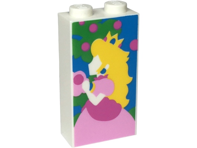 Brick 1 x 2 x 3 with Bright Green Tree and Princess Peach with Yellow Hair and Crown, Bright Pink and Dark Pink Dress on Dark Azure Background Pattern: {бял}