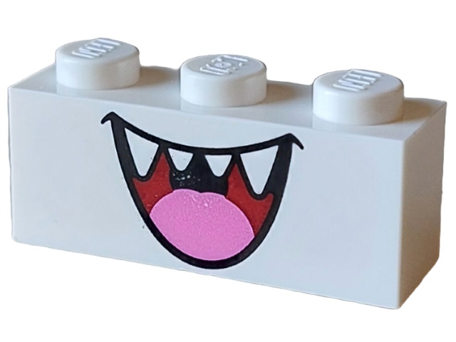 Brick 1 x 3 with Dark Red Open Mouth Smile with Sharp Teeth and Dark Pink Tongue Pattern (Super Mario Boo Lower Face): {бял}