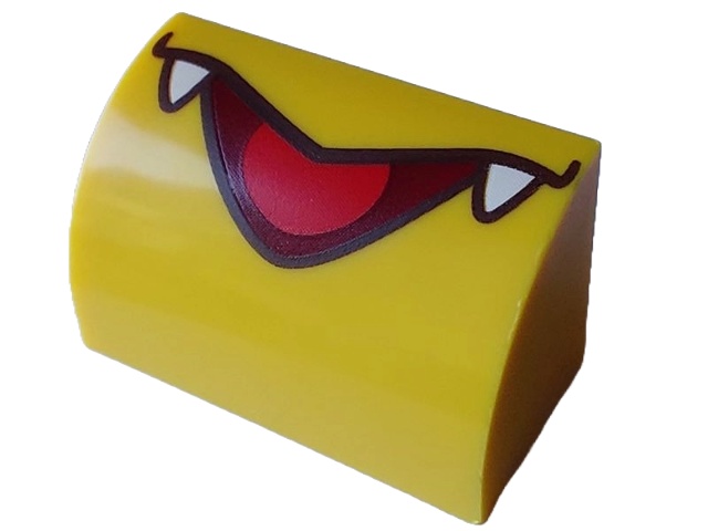 Slope, Curved 1 x 2 with Bottom Stud Holder with Black and Dark Red Pointed Open Mouth, White Fangs and Red Tongue Pattern (Super Mario Kamek Lower Face): {ярко жълт}