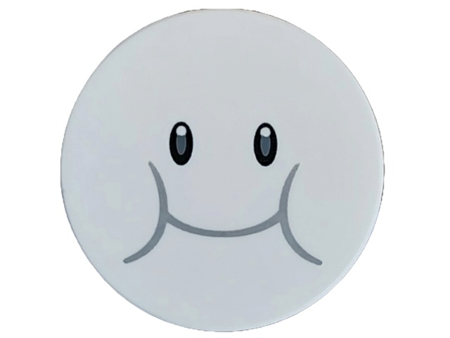 Tile, Round 3 x 3 with Black Eyes, Dark Bluish Gray Smile and Cheeks Pattern (Super Mario Lakitu Cloud Face): {бял}