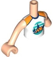 Torso Mini Doll Girl White Sleeveless Top with Orange Tent, Dark Blue Trees, Dark Turquoise Sky and Ground Pattern, Light Nougat Arm Left, Light Nougat Arm with Hand Right: {светло нуга}