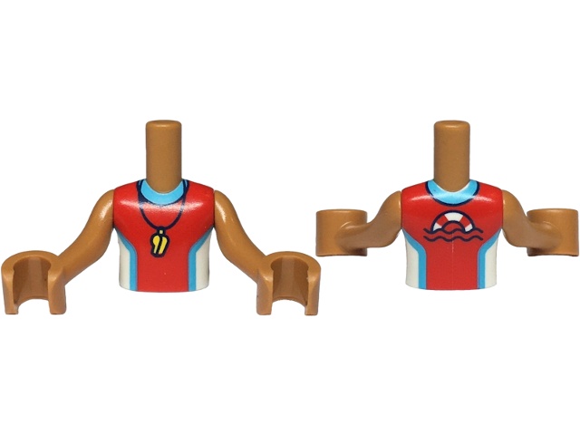 Torso Mini Doll Boy Red and White Sleeveless Wetsuit with Medium Azure Trim, Yellow Whistle, Life Preserver on Back Pattern, Medium Nougat Arms with Hands: {умерен нуга}