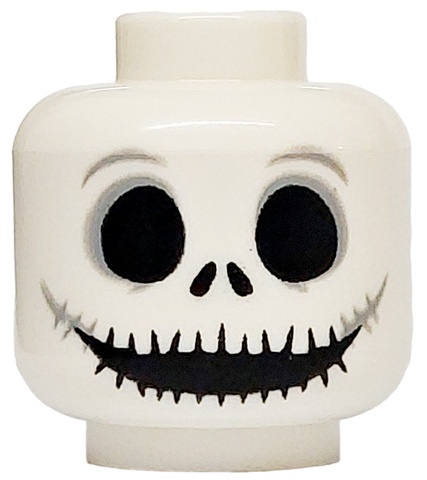 Minifigure, Head Skull Large Black Eyes, Nostrils and Very Wide Mouth with Light Bluish Gray Ends Pattern: {бял}