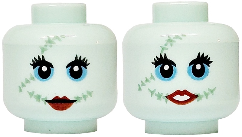 Minifigure, Head Dual Sided Alien Female Sand Green Stitching, Black Eyelashes, Medium Blue Eye Shadow, Dark Red Lips Small Smile, Closed Mouth / Showing Teeth Pattern: {аквамарин}