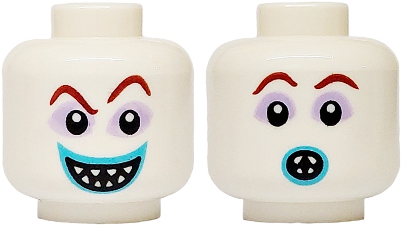 Minifigure, Head Dual Sided Alien Dark Red Eyebrows, Lavender Sunken Eyes, Medium Azure Lips, Grin with Pointed Teeth / Surprised Open Mouth Pattern: {бял}