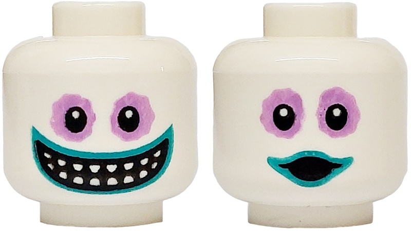Minifigure, Head Dual Sided Alien Medium Lavender Sunken Eyes, Dark Turquoise Lips, Wide Grin with Pointed Teeth / Surprised Open Mouth Pattern: {бял}