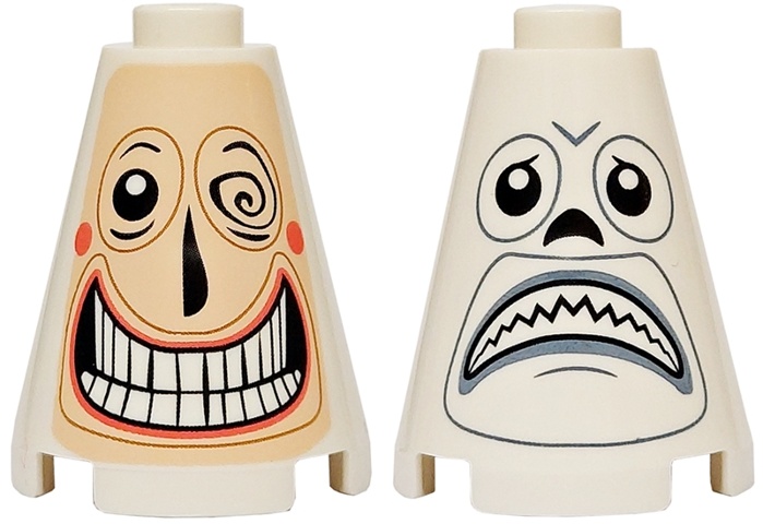 Cone 2 x 2 x 2 - Open Stud with Light Nougat Face, Coral Cheeks, Black Eyes and Nose, Open Mouth Grin with Teeth, Winking / Sad Frown with Light Bluish Gray Lips Pattern: {бял}