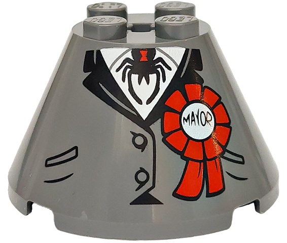 Cone 4 x 4 x 2 with Axle Hole with Jacket with Buttons and Pockets over White Shirt, Black Spider and 'MAYOR' on Red Award Ribbon Pattern: {тъмно каменно сив}
