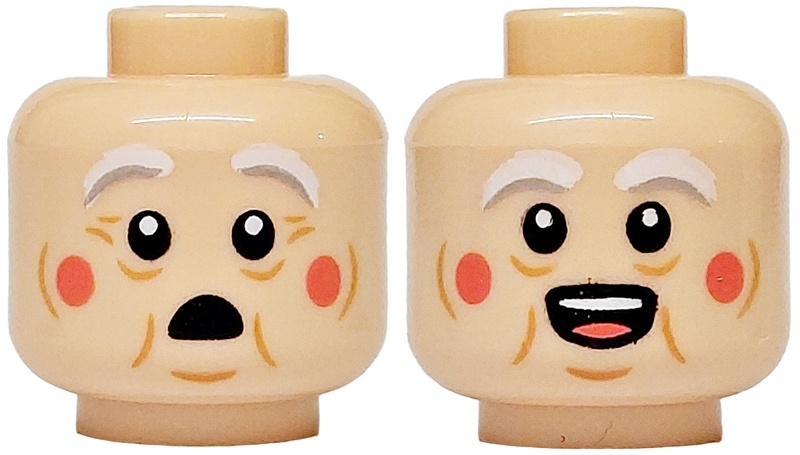 Minifigure, Head Dual Sided White and Light Bluish Gray Bushy Eyebrows, Medium Nougat Wrinkles and Crow's Feet, Coral Cheeks, Surprised / Open Mouth with Teeth and Tongue Pattern: {светло нуга}