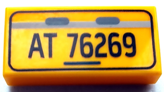 Tile 1 x 2 with License Plate Black 'AT 76269' Pattern: {огнено жълто-оранжев}
