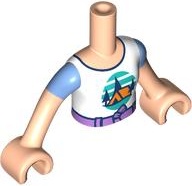 Torso Mini Doll Girl White T-Shirt with Orange Tent, Dark Blue Trees, Dark Turquoise Sky and Ground, Medium Lavender Belt Pattern, Light Nougat Arms with Hands with Medium Blue Short Sleeves: {светло нуга}