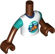 Torso Mini Doll Boy White T-Shirt with Orange Tent, Dark Blue Trees, Dark Turquoise Sky and Ground Pattern, Reddish Brown Arms with Hands with Dark Turquoise Short Sleeves: {червеникаво-кафяв}