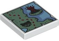 Tile 2 x 2 with Map of Coastline with Sand Green Land, Erupting Volcano on Island, Black Red Panda Head and Dark Red Dotted Line Pattern: {бял}