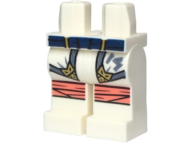 Hips and Legs with Dark Blue Belt, Robe Ends with Sand Blue Hems and Gold Highlights, Ninjago Logogram Letter S, Coral Knee Wrappings Pattern: {бял}